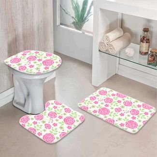 Kit 3 Tapetes Decorativos para Banheiro Wevans Rosas Off White