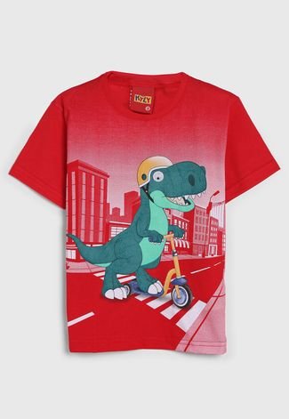 Camiseta Kyly Infantil Dinossauro Patinete Vermelha