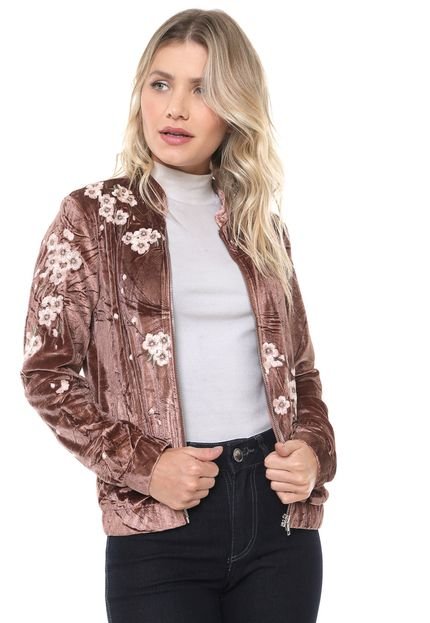 Jaqueta Bomber Lily Fashion Veludo Bordada Bege - Marca Lily Fashion