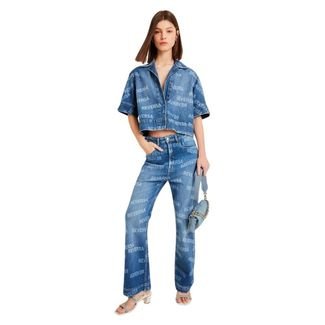 Calça Jeans Cropped Straight Kika Laser Reversa Azul