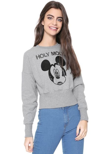 Moletom Flanelado Cropped Fechado Cativa Disney Mickey Cinza - Marca Cativa Disney