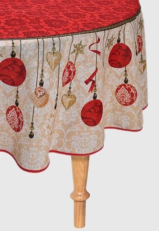Toalha de Mesa Redonda Lepper 155cm Super Prática Celebration Natal Vermelha/Bege