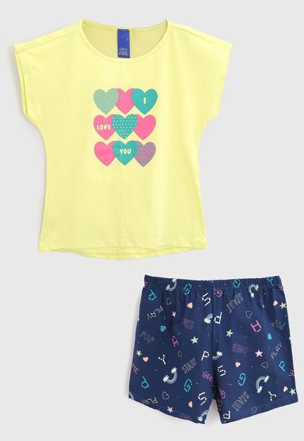 Pijama Malwee Kids Curto Infantil Coração Amarelo/Azul-Marinho - Marca Malwee Kids