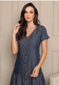 Vestido Jeans Feminino Casual Com Babado e Manga Curta Midi Tecido Premium - Marca Docce Mulher