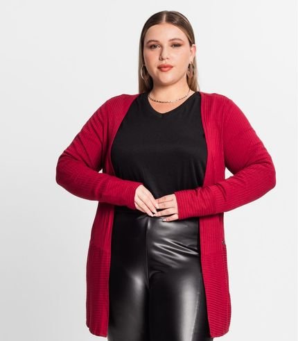Cardigan Plus Size Em Ribana Canelada Secret Glam Vermelho - Marca Secret Glam