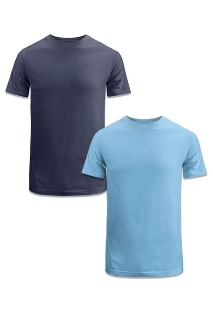 Camisetas Básicas Masculinas Kit 2 Blusa De Algodão Premium 30.1 Para Trabalho Passeio Techmalhas Azul Marinho/Azul Claro - Marca TECHMALHAS