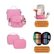 Kit Mochila Reforçada 3pçs Escolar Juvenil Faculdade Espaçosa Resistente Impermeável Notebook Lancheira Estojo Box Necessaire Bolsa Térmica Média - Marca Meimi Amores