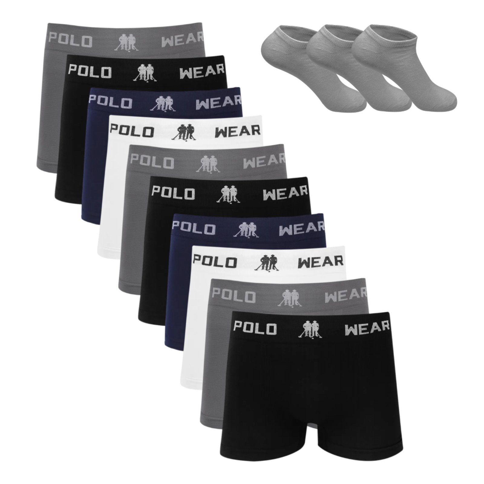 Kit 10 Cueca Boxer Polo Wear Microfibra Sortido   3 Meias M2  Colorido - Marca Polo Wear