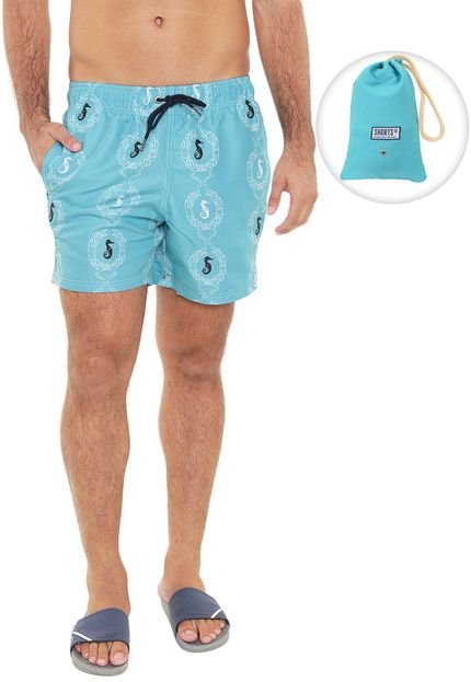 Bermuda Água Shorts Co Reta Estampada Bordada Azul - Marca Shorts Co