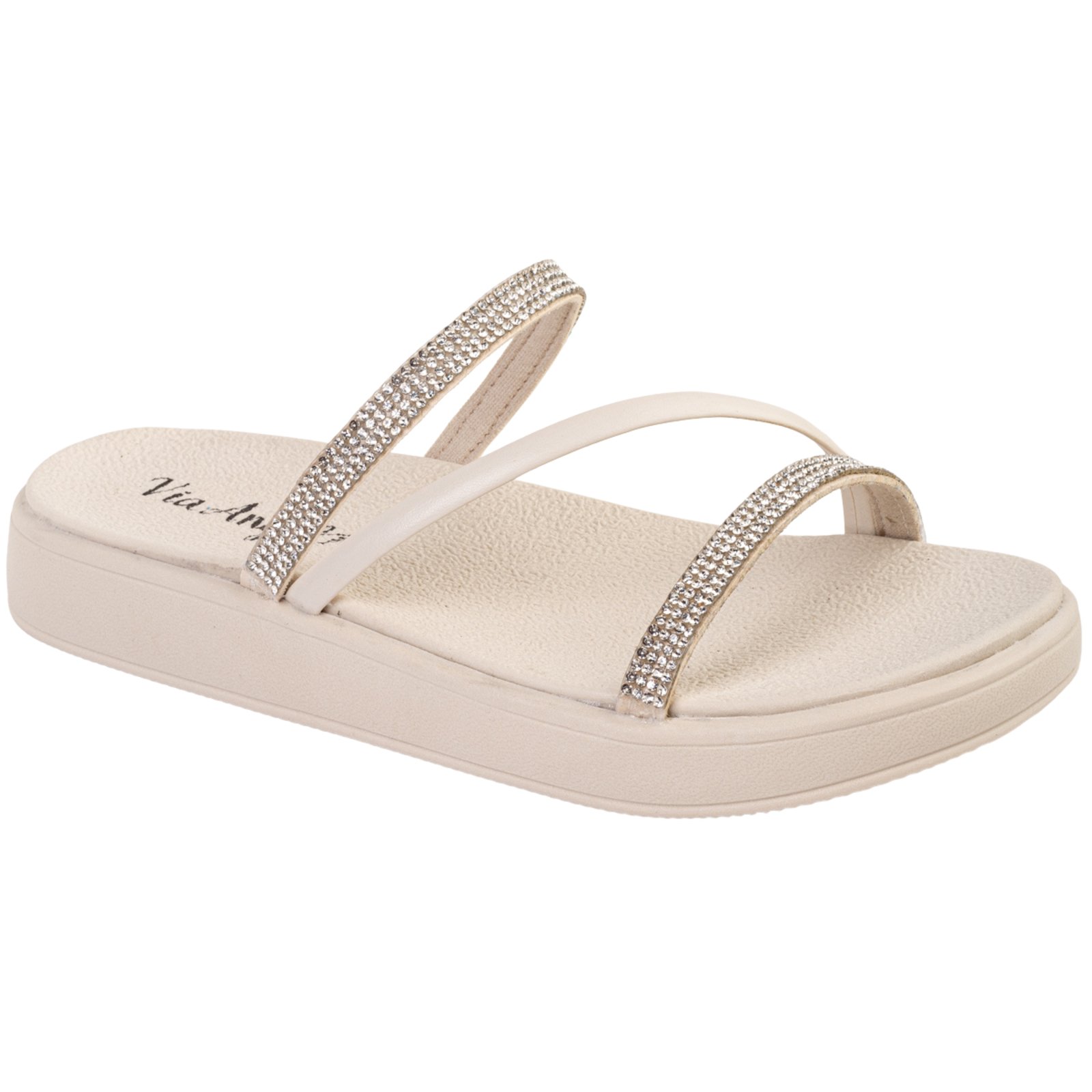 Chinelo Feminino Papete Slide Strass  Tamanco Confortável Leve Anatômico Via Angel 7503.  Off White - Marca VIA ANGEL