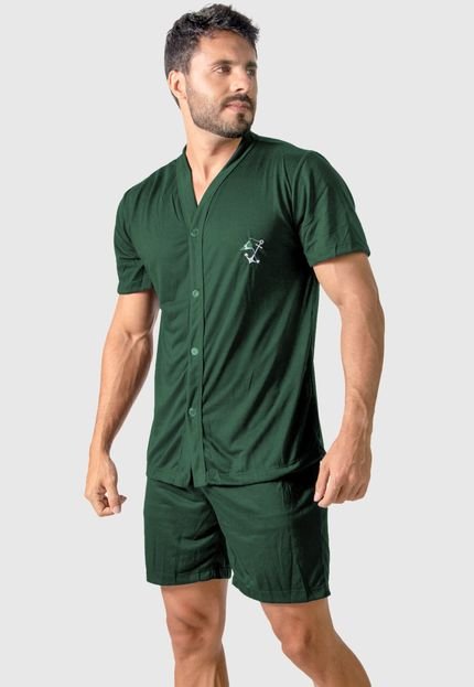 Pijama 4 Estações Masculino Adulto Com Botão Aberto Short Curto Verão Conforto Verde - Marca 4 Estações