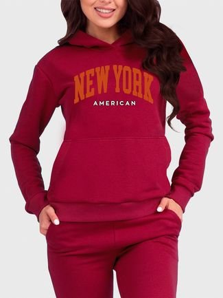 Moletom Canguru Feminino Flanelado com Capuz New York Vinho