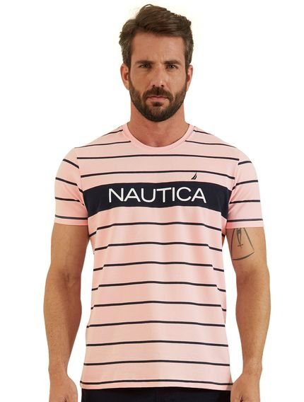 Camiseta Nautica Masculina Piquet Navy Stripes Patch Rosa - Marca Nautica