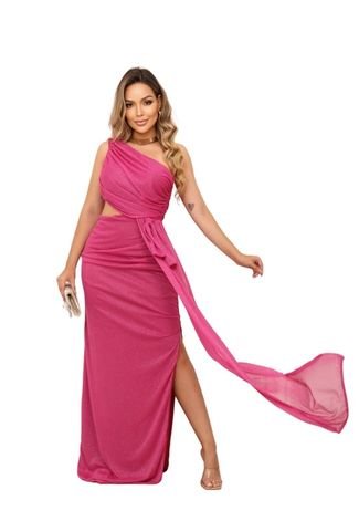 Vestido Longo de Festa Premium Convidadas Madrinhas Casamento um Ombro Com Brilho Abertura Lateral Aliene Rosa Pink