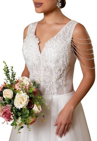 Vestido Longo de Noiva Casamento Renda Detalhes Pedraria Rendado Lilith Branco