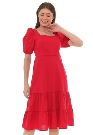 Vestido Linho Bufante Vermelho Algodão Red Premium Tendência Evento