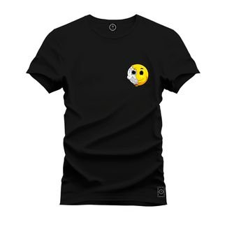 Camiseta Plus Size Premium Malha Confortável Estampada Emoji Metade Peito_x000D_ - Preto