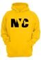 Moletom Moleton Blusa de Frio Casaco Amarelo Fechado com Capuz e Bolso Grosso Flanelado Estampa NYC Preta - Marca MooBoo