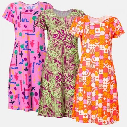 Kit 3 Vestidos Liganete Feminino Estampado Manga Curta - Marca Zafina