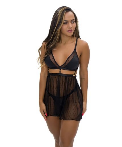 Camisola IMI Lingerie Tule Calcinha Fio Dental Juliette Preta  Preto - Marca IMI LINGERIE