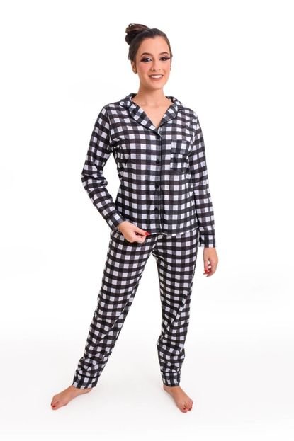 Pijama Feminino Inverno Adulto Americano Longo De Frio Xadrez Preto - Marca CIA DA SEDA