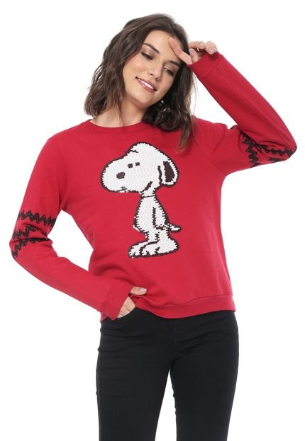 Moletom Flanelado Fechado Cativa Snoopy Estampado Paetês Vermelho - Marca Cativa Snoopy