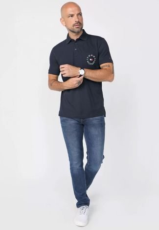 Camisa Polo Tommy Hilfiger Reta Logo Azul-Marinho - Compre Agora