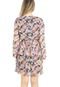 Vestido Liage Curto Estampado Floral Manga Comprida Babado Decote V Transparencia Flores Rosa Laranja Off-White Preto - Marca Liage