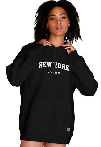 Blusa De Frio Feminina Moletom Flanelado Com Capuz e Bolso Canguru New York Preto