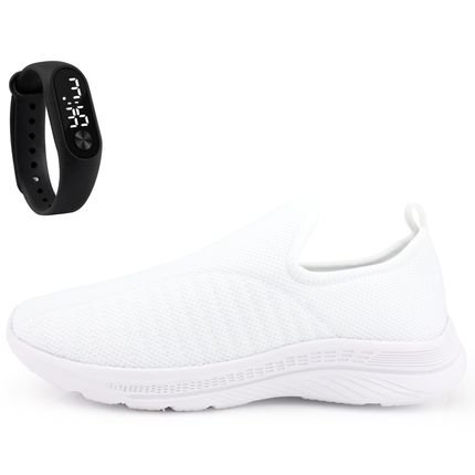 Kit Tênis Feminino Esportivo Calce Fácil Leve Sapatore Branco e Relógio LED - Marca Sapatore