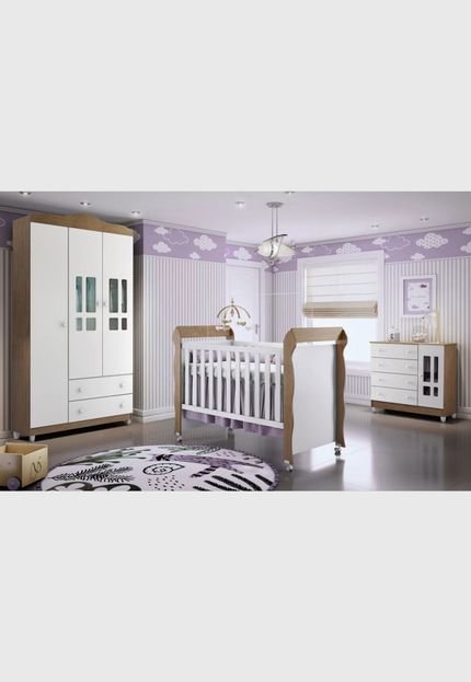 Dormitório Guar. Roupa Ariel 3pts / Fraldário Ariel e Berço Mirelle Amadeirado Marrom/Branco - Marca Carolina Baby