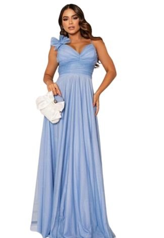 Vestido Longo de Festa Micro Tule Detalhe na Alcinha Marjorie Azul Serenity