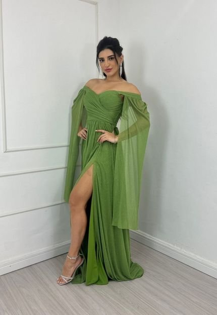Vestido Longo de Festa Madrinhas Micro Tule com Brilho Wanesy Verde Oliva - Marca Cia do Vestido