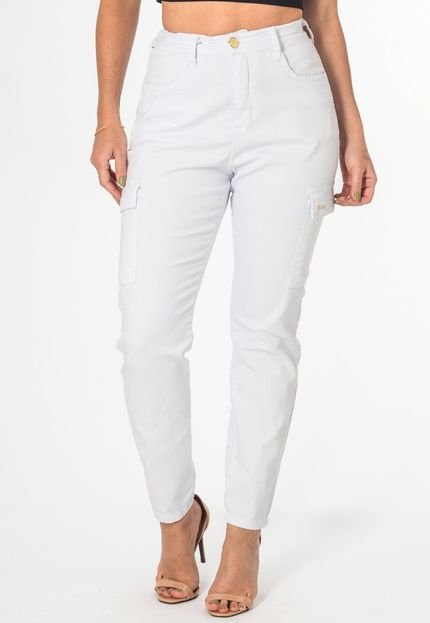 Calça Jeans Feminina Branca Skinny Cargo Cintura Alta Casual - Marca Zafina