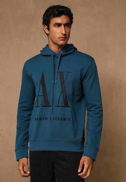 Blusa de Moletom Fechada AX ARMANI EXCHANGE Logo Bordado Azul - Marca AX ARMANI EXCHANGE