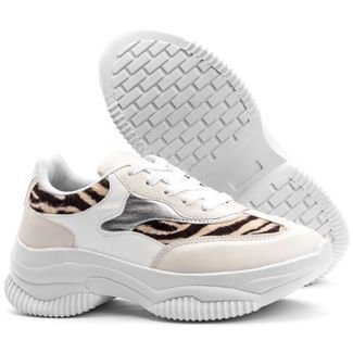 Sneaker Feminino Chunky Animal Print Zebra Flatform Casual Branco