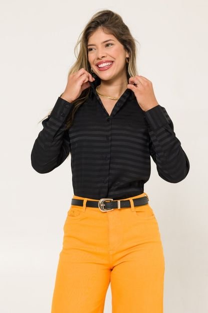 Camisa Crepe Feminina Olimpo Manga Longa Listrada Preta - Marca Olimpo Camisaria