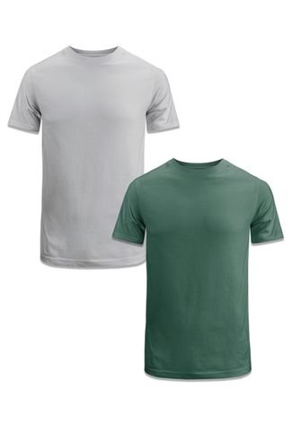 Camiseta Básica Masculina Kit 2 Algodão Fio 30.1 Lisa Macia Tradicional Slim Fit Premium Techmalhas Cinza/Verde Militar