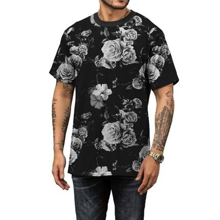 Camiseta Flores Brancas Black Off White Preta Rap - Marca Di Nuevo