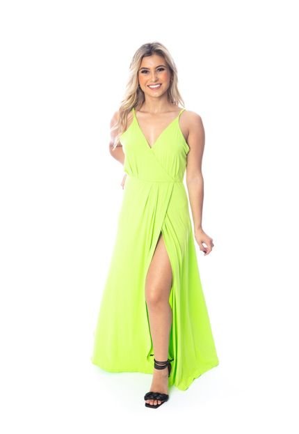 Vestido Moda Vício Longo Alça Fina com Transpasse e Fenda Frente Verde Lima - Marca Moda Vício