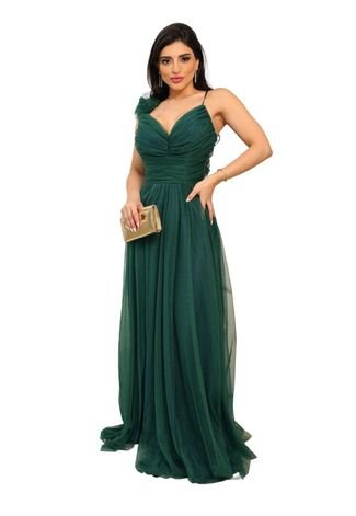 Vestido Longo de Festa Micro Tule Detalhe na Alcinha Marjorie Verde Esmeralda