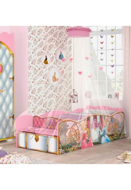 Cama Infantil Com Baú E Dossel Pura Magia Disney Princesas Rosa - Marca Pura Magia