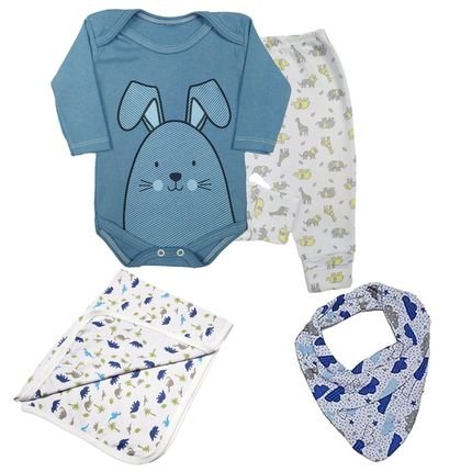 Kit Roupas de Bebê 4 Peças Body Longo Mijão Cueiro e Bandana Azul Claro - Marca Koala Baby