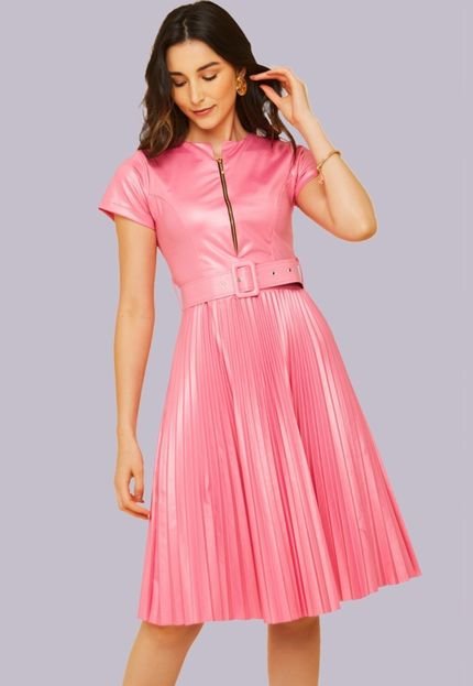 Vestido Cirre Decote zíper Plissado rosa pink Urbania romantico - Marca Urbania
