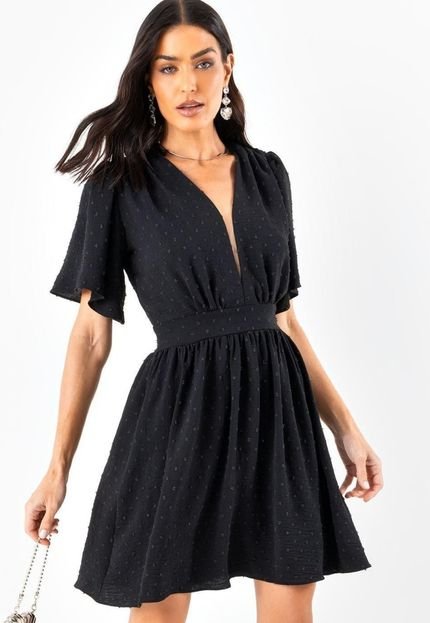 Vestido Em Crepe Plano Maquinetado Preto Quintess - Marca Quintess