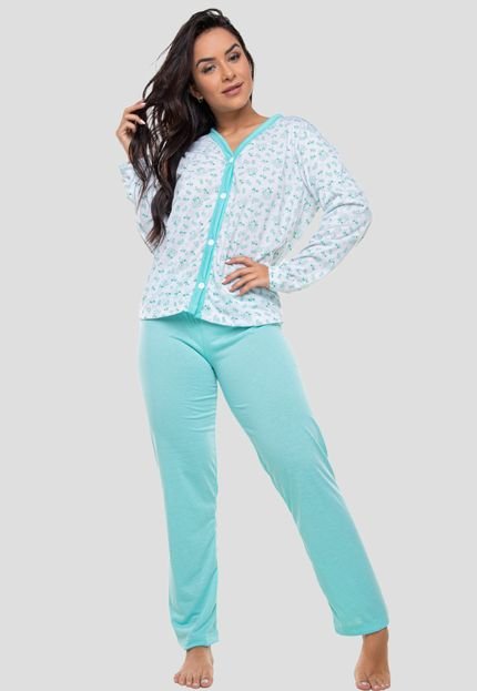 Pijama 4 Estações Com Botão Amamentação Manga Longa Feminino Verde - Marca 4 Estações