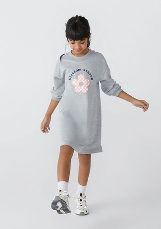 Vestido Infantil Manga Longa Com Estampa Em Moletom  Tam 1 A 16 - Cinza
