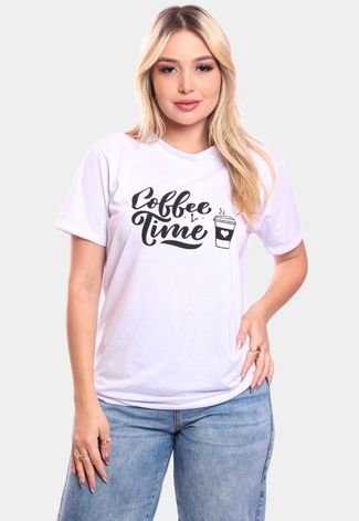 Tshirt Blusa Feminina Coffee Time Estampada Manga Curta Camiseta Camisa Branco