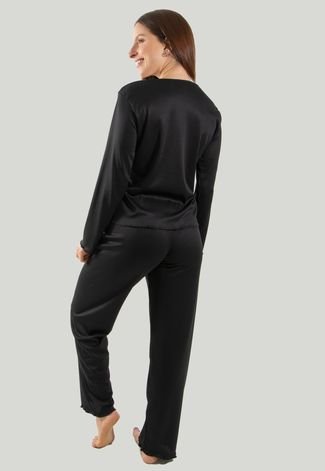 Pijama Longo Canelado Feminino Roupa de Dormir Linha Noite Preto