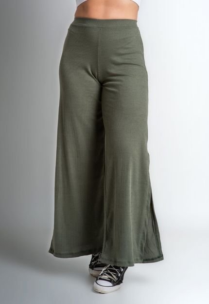 Calça Feminina Pantalona Fenda Canelada Verde Musgo - Marca Renda Íntima Lingerie